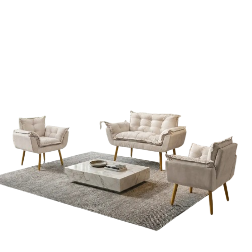 Kit Namoradeira e 2 Poltronas Alice Decorativas Para Sala Recepção Consultório Escritório Manicure Suede Bege