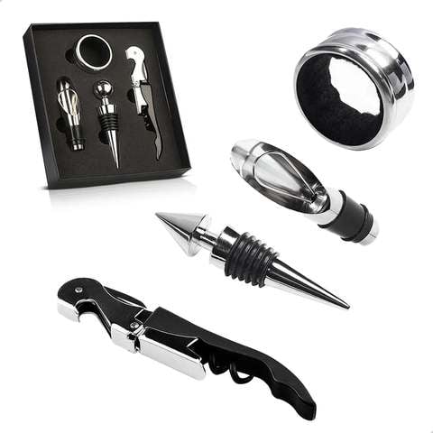 Kit Vinho 4 Peças Aço Inox Vbs Brasil Abridor Garrafa Manual Tipo Saca Rolhas Bico Dosador Tampa Anel