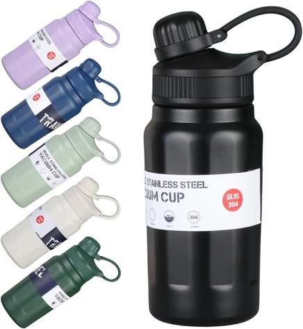 Garrafa Térmica Estilosa de 500ml com Interior em Aço Inox 304 e Fundo Emborrachado – Ideal para Academia e Escola - Com Canudo e Alça de Transporte Resistente (Preto)