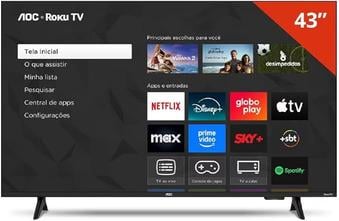 AOC Smart TV 43 Polegadas Full HD LED Roku TV 43S5155/78G, Wi-Fi, Dolby Audio, 3 HDMI, USB, Controle Remoto