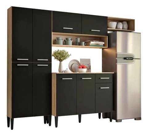 Cozinha Compacta Arizona Glam Com Armário E Balcão Carraro Cor Carvalho/Preto