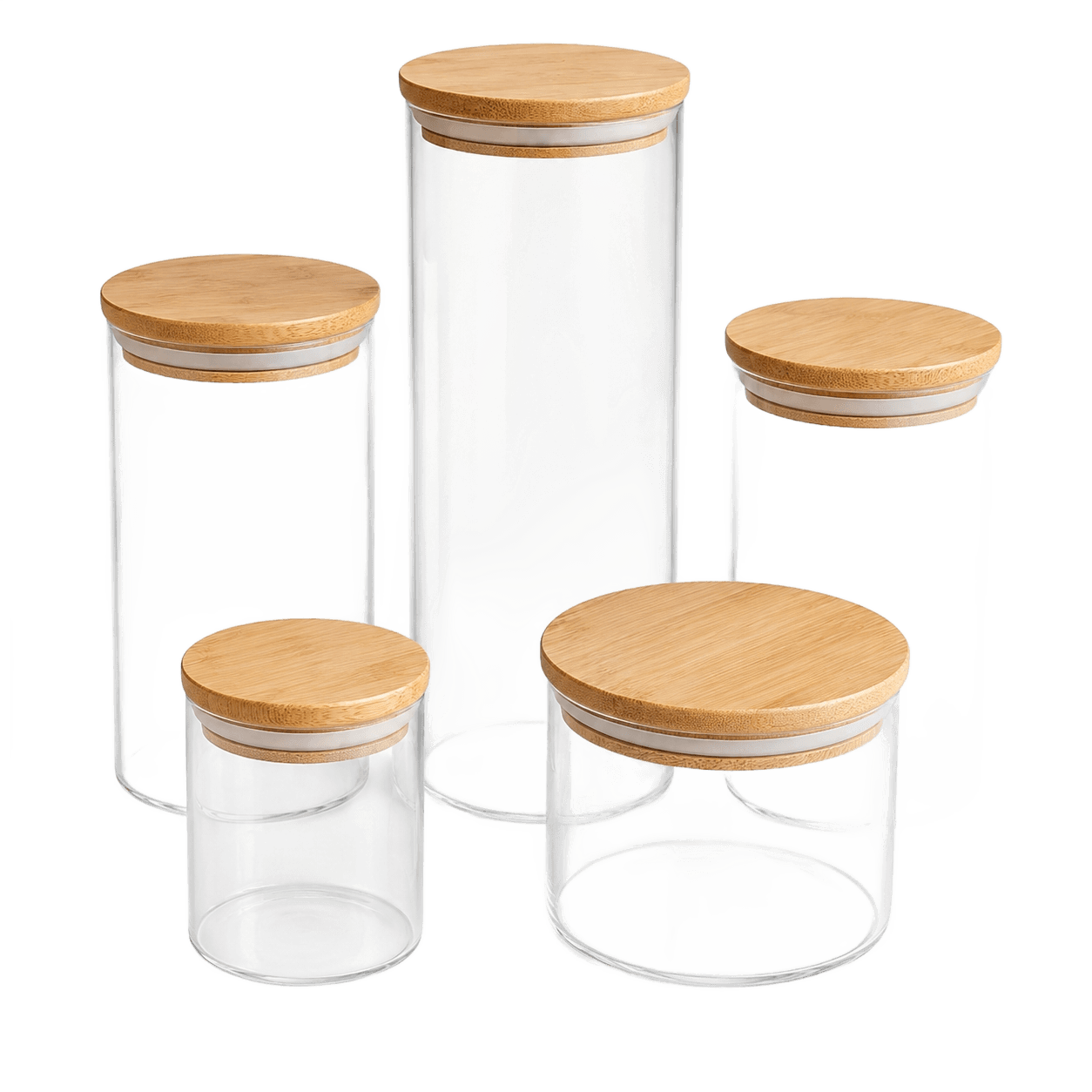 Kit 5 Potes De Vidro Herméticos Com Tampa De Bambu Organizador Para Mantimentos Grãos Café Massas E Cereais 3,8 Litros Vitrex